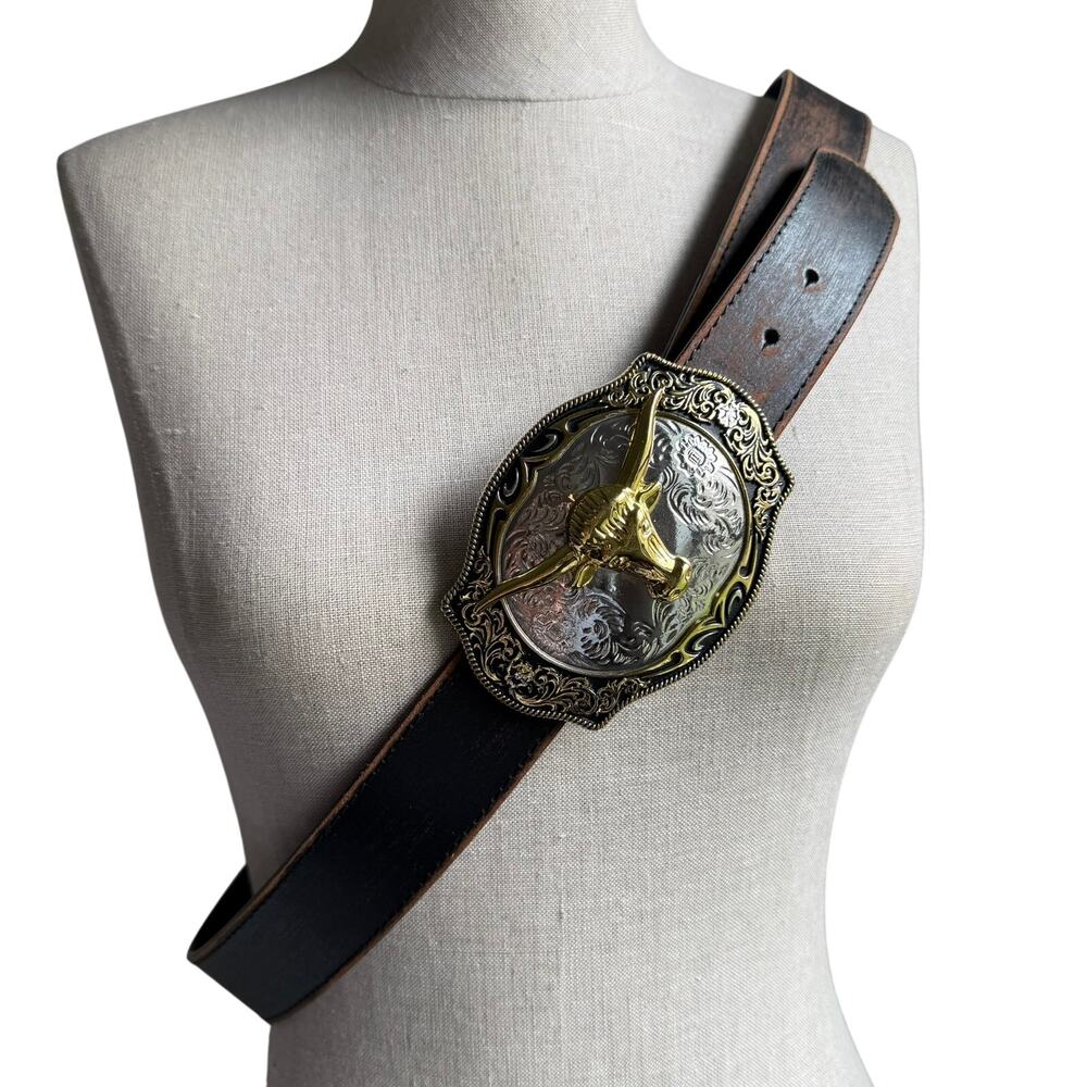 Longhorn Western Buckle Italian Vera Pelle Leather Belt  XL